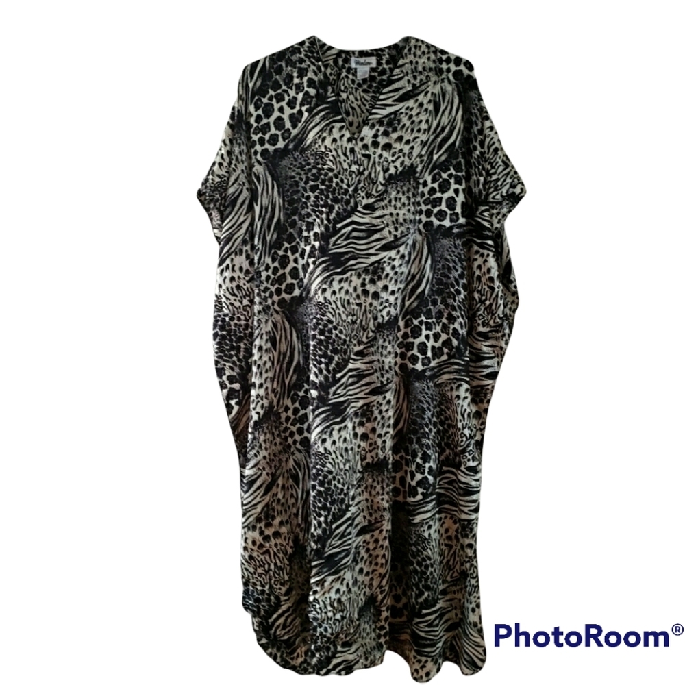 Winlar Caftan Dress Lounge Kimono Mumu Animal Patch Print Black & Cream One Size